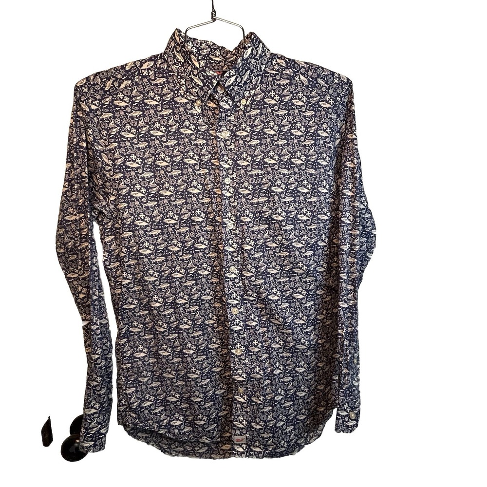 Vineyard Vines Men's Fish Trout Blue Button Up Long Sleeve Shirt ‎ Medium Slim